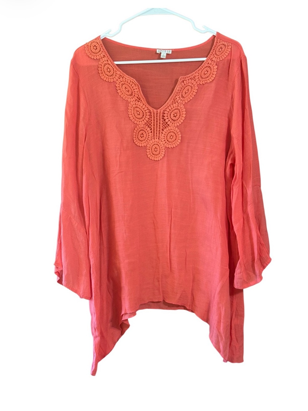 Spense Coral Crochet Neck Tunic Top XL Boho Asymmetrical Hem Blouse